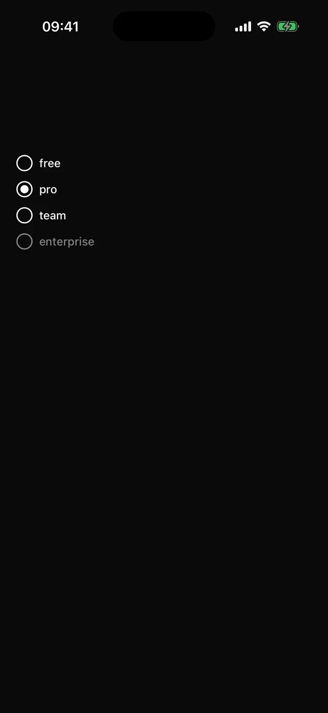 RadioGroup rendered on iOS, dark mode