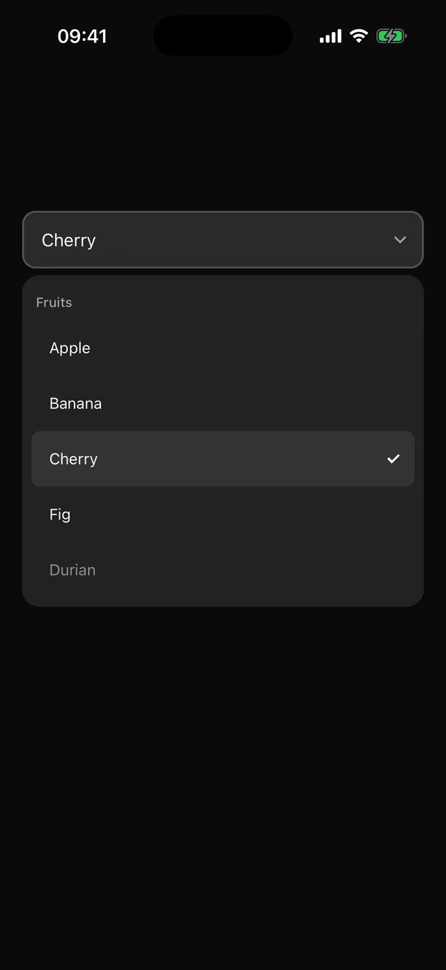 Select rendered on iOS, dark mode